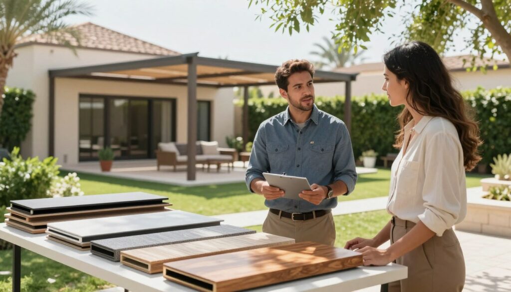 A professional contractor examining various shade structures in a bright, modern garden setting. In the foreground, display a selection of different shade materials, such as fabric, wood, and metal, neatly arranged on a table. The middle ground shows the contractor, dressed in professional attire, thoughtfully discussing options with a homeowner, who is also in smart casual clothing. In the background, a picturesque Saudi villa with beautifully landscaped greenery enhances the scene, emphasizing the importance of choosing the right shade structures. Soft sunlight filters through the trees, casting gentle shadows and creating an inviting atmosphere. The angle of the shot highlights the interaction between the contractor and homeowner, drawing attention to the decision-making process. No text or overlays are present in this image.