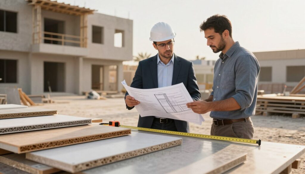 A professional contractor in smart business attire, examining blueprints while standing next to samples of fire-resistant sandwich panels at a construction site in Dammam. The foreground features detailed close-ups of various sandwich panel materials, showcasing their texture and color. The middle ground includes the contractor, engaging with an assistant, who is holding a measuring tape and measuring the panels. In the background, a partially constructed residential building can be seen, bathed in warm sunlight, highlighting the construction activity. The atmosphere conveys a sense of professionalism and trust. The lighting is natural, with soft shadows to enhance the details of the materials. The image should evoke a feeling of reliability and expertise in choosing the right contractor for sandwich panel installation.
