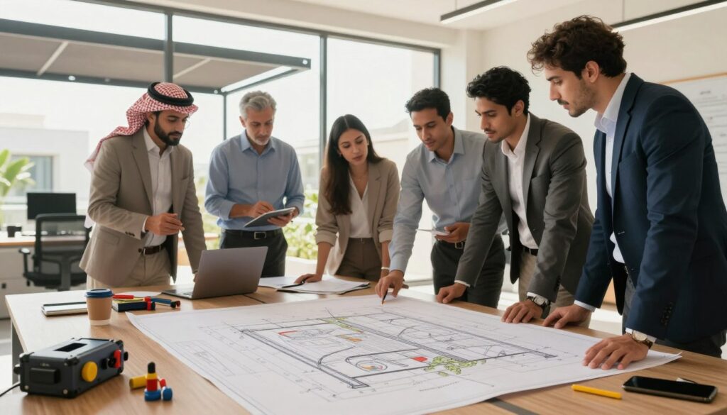 A professional indoor workspace showing a diverse team of engineers and designers in business attire collaborating on a project related to metal car shades and outdoor canopies for villas in Saudi Arabia. In the foreground, a detailed blueprint of an installation plan is spread across the table, with tools and equipment neatly arranged. In the middle ground, team members, including men and women, are engaged in discussions and analyzing the plans, highlighting teamwork and communication. The background features a large window that lets in bright natural light, creating an inviting atmosphere. Soft shadows and a warm color palette enhance the professional mood, while a modern office setup reinforces a sense of innovation and expertise.