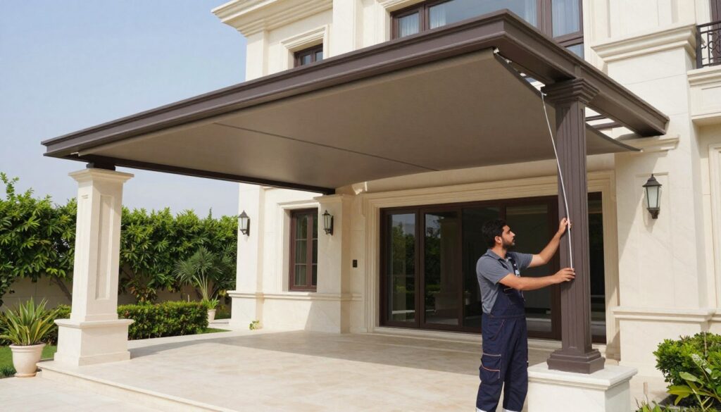 A professional installation of an elegant laser-arc shade structure seamlessly blending into a luxurious villa in Al-Jawhara, Dammam. In the foreground, a skilled technician in professional attire is carefully attaching the shade, highlighting attention to detail and craftsmanship. The middle ground showcases the beautifully designed arc structure, featuring sleek lines and high-quality materials, casting gentle shadows on the patio below. The background reveals the villa's upscale architecture with verdant landscaping and a clear blue sky, creating an inviting atmosphere. Soft, natural lighting enhances the scene, giving it a polished and sophisticated feel. The overall mood is one of professionalism and elegance, emphasizing the custom craftsmanship and stylish appeal of the shade installation.