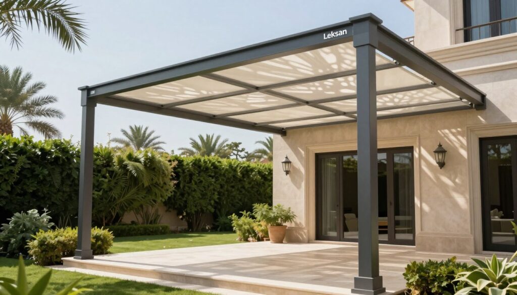 A professional installation of custom "Leksan" shade structures in a serene outdoor setting, showcasing their unique characteristics in terms of high light permeability and strong privacy features. In the foreground, depict a sleek, semi-transparent Leksan shade structure elegantly arching over a luxurious villa's patio, with dappled sunlight filtering through. In the middle ground, include lush greenery and the carefully landscaped garden that enhances the feeling of privacy, while maintaining an inviting atmosphere. In the background, include a clear blue sky and distant palm trees to evoke a tranquil Saudi environment. Soft, natural lighting should illuminate the scene, with a focus on the interplay of light and shadow created by the shade structure. The overall mood should feel peaceful and sophisticated, reflecting the quality of the installation.