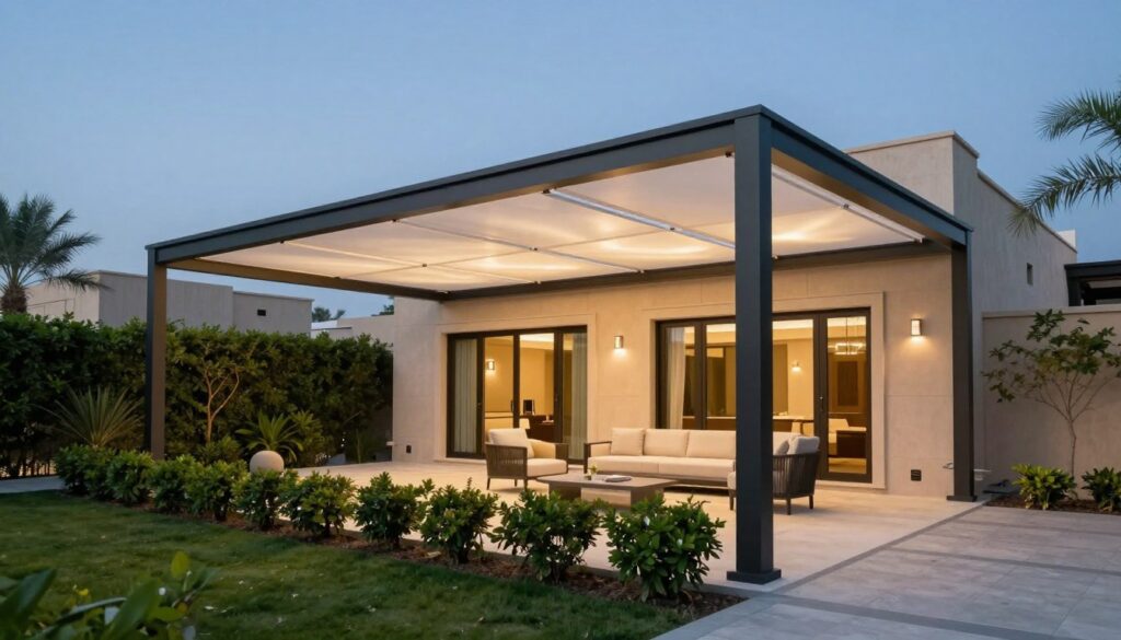 A professional installation of custom Lexan shade structures in Dammam, showcasing innovative designs that blend seamlessly with the local climate. In the foreground, depict a sleek, modern shade structure, highlighting its translucent panels allowing soft light to filter through while providing privacy. The middle of the image features a well-manicured Saudi villa surrounded by lush green landscaping, emphasizing the structure’s functional beauty. In the background, capture a clear blue sky typical of Dammam, with soft lighting that evokes a warm, inviting atmosphere. The angle should be slightly elevated to reveal the overall layout of the property, illustrating how the shade enhances the outdoor living space. No people should be present, keeping the focus on the installation.
