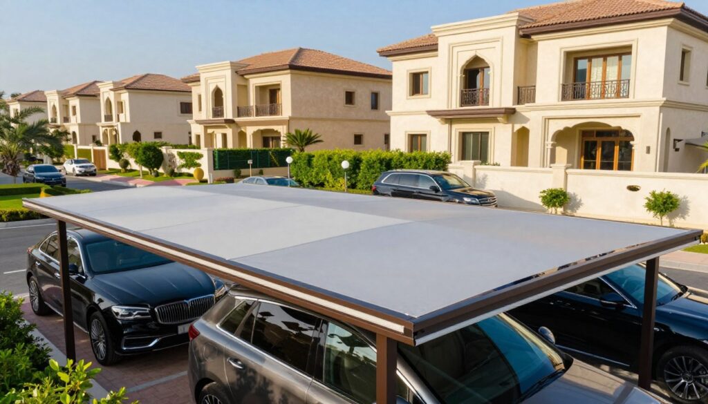 A professional installation of custom car shade structures in a residential area, showcasing elegant and modern designs. In the foreground, focus on a beautifully designed car shade with premium materials, sleek lines, and a smooth finish, providing ample coverage over luxury vehicles. In the middle ground, display a landscaped garden and contemporary villas that reflect Saudi Arabian architecture, enhancing the opulent atmosphere. The background should feature a sunny day with a clear blue sky, creating a bright and inviting mood. Capture the scene from a slightly elevated angle to emphasize the shade structure's design and its harmonious integration with the surrounding environment. The lighting should be warm and natural, highlighting the textures of the materials and the vibrant colors of the landscape.