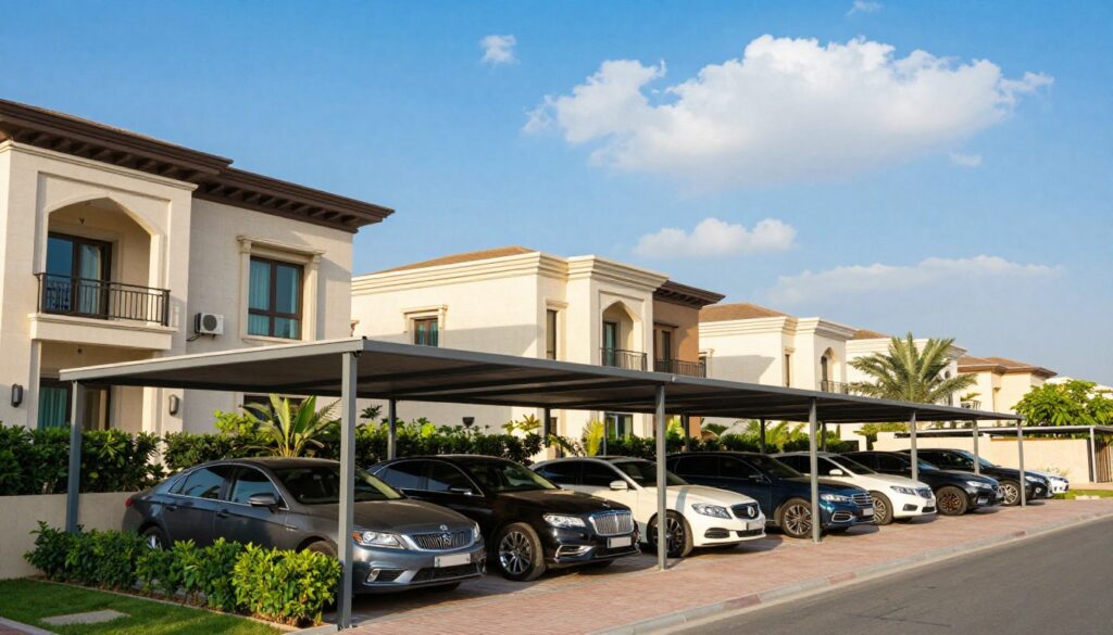 A professional installation of custom car shade structures in a sunny residential area in the Eastern Province of Saudi Arabia. In the foreground, showcase sleek, modern shade structures providing ample coverage for parked cars. The middle layer features a variety of elegant villas with contemporary architecture, complemented by lush greenery and well-maintained gardens. In the background, there's a clear blue sky with a few fluffy clouds, creating a bright and inviting atmosphere. The scene is bathed in warm sunlight, highlighting the structures' textures and colors. Angle the view to emphasize the depth of the installation while maintaining a stylish and clean aesthetic, evoking a sense of security and luxury in outdoor living.