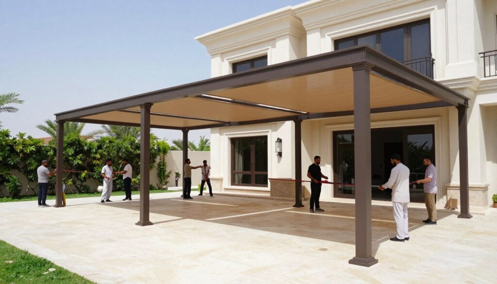 A professional installation of custom shade structures in a modern Saudi villa courtyard in Dammam. In the foreground, depict several elegantly designed shade panels, showcasing sleek, contemporary lines in earthy tones that harmonize with the villa's architecture. The middle ground features a team of installers, dressed in modest professional attire, carefully securing the shade structures with tools, emphasizing expertise and collaboration. In the background, reveal the villa's facade, complemented by lush greenery and a clear blue sky, enhancing the serene atmosphere. The lighting should be bright and natural, creating inviting shadows that highlight the quality of the installation. Capture the scene from a slightly elevated angle to encompass both the craftsmanship and the luxurious environment, conveying a sense of professionalism and modern living.