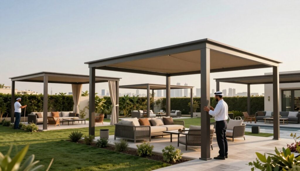 A professional installation of custom shade structures in a modern Saudi villa setting, showcasing various designs and materials for outdoor living spaces. In the foreground, well-dressed workers are meticulously installing elegant, contemporary shade structures that provide protection from the sun. The middle ground features beautifully landscaped gardens and outdoor seating areas tailored for relaxation and entertainment. The background reveals a picturesque view of the east Dammam skyline under a clear sky, with warm, inviting sunlight illuminating the scene. The atmosphere is one of tranquility and professionalism, emphasizing quality craftsmanship. The image should convey a sense of luxury and comfort, perfect for a residential setting. Achieve a clear focus with soft depth of field, highlighting the shade structures as the centerpiece.