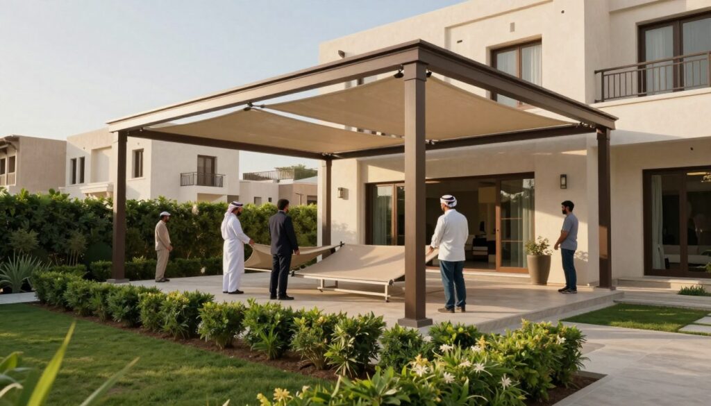 A professional installation of custom shade structures in a modern Saudi villa setting. The foreground features a neatly arranged garden with lush greenery, showcasing a beautifully designed shade structure providing cover over a patio. In the middle ground, skilled workers wearing professional business attire or modest casual clothing are actively installing additional shade panels, emphasizing teamwork and craftsmanship. In the background, traditional Saudi architecture complements the installation, with warm sunlight casting soft shadows, creating a welcoming atmosphere. The angle is slightly elevated, providing a panoramic view that captures both the intricate details of the shade structures and the harmonious blend with the surrounding villas. The mood is one of professionalism and expertise, reflecting the high-quality services offered.