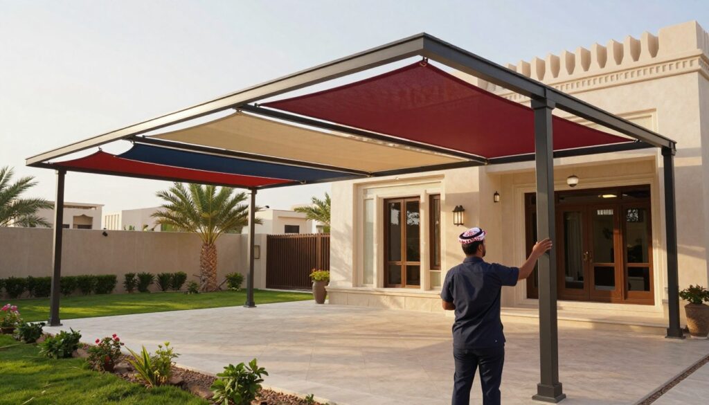 A professional installation of custom shade structures in a modern Saudi villa, showcasing a vibrant variety of designs and colors of shade covers. In the foreground, highlight an installer in smart professional attire carefully adjusting a sleek, stylish shade. In the middle ground, display a beautifully landscaped garden with traditional Saudi architecture in the backdrop, emphasizing the blend of modern and classic styles. The setting is bathed in warm afternoon sunlight, creating a welcoming and elegant atmosphere. Capture the image from a slightly elevated angle to include both the shades and the villa's distinctive architectural features. The overall mood should reflect sophistication and the allure of contemporary design, inviting potential customers to envision their own home enhancements.