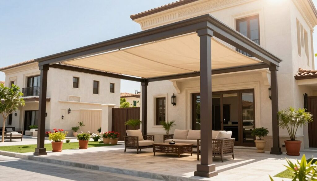 A professional installation of custom shade structures in a residential area, showcasing a clean and modern design. In the foreground, highlight a well-constructed shade structure, made of durable materials, casting a soft, inviting shadow on a landscaped villa patio with elegant furniture. The middle ground should feature a backdrop of a stylish Saudi villa, with intricate architectural details and vibrant potted plants. In the background, a clear blue sky and bright sunlight filter through the shade structure, creating a warm and welcoming atmosphere. Capture the scene from a slightly elevated angle to emphasize the elegance of the installation and the beauty of the surrounding environment, ensuring the mood is serene and inviting.