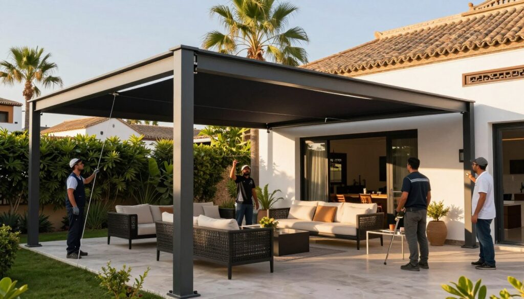 A professional installation of custom shade structures is showcased in a contemporary Saudi villa setting in Granada and Córdoba. In the foreground, skilled workers in professional attire are carefully assembling sleek, modern shade awnings with a focus on design and functionality. The middle ground features elegant, shaded patios adorned with stylish outdoor furniture, creating a welcoming atmosphere. In the background, lush gardens and well-maintained architecture reflect the vibrant neighborhood, bathed in warm, golden sunlight to evoke a serene, inviting mood. The angle captures a dynamic perspective, emphasizing the precision of the installation process while highlighting the beauty of modern design harmonizing with the traditional architecture.