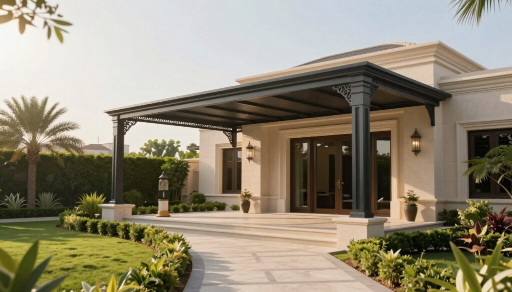 A professional installation of custom shade structures, showcasing a sleek iron awning installed over a luxurious Saudi villa, surrounded by a lush garden. In the foreground, a well-maintained pathway lined with decorative plants leads up to the elegant entrance. The middle features the prominent shade structure, designed with modern lines and intricate ironwork, casting soft shadows on the ground. In the background, a bright, sunny sky is visible, enhancing the serene atmosphere. The scene is captured with a wide-angle lens to emphasize the grandeur of the villa and its surroundings, bathed in warm afternoon sunlight to create an inviting mood. The overall composition reflects the high-quality craftsmanship and sophistication of the shade installation service.