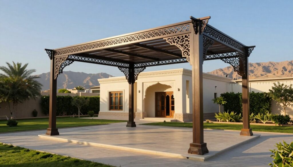 A professional installation of elegant custom iron shade structures designed for Saudi villas and houses. In the foreground, display a sleek metallic structure with intricate designs, casting distinct shadows on the ground. In the middle, show a serene villa with traditional Saudi architecture, surrounded by lush greenery and a clear blue sky. The background features distant mountains, subtly illuminated by golden sunlight. The mood is calm and inviting, symbolizing durability and security. Utilize soft, natural lighting that highlights the textures of the iron and the villa, captured from a slightly elevated angle to emphasize the grandeur of the shade structure.