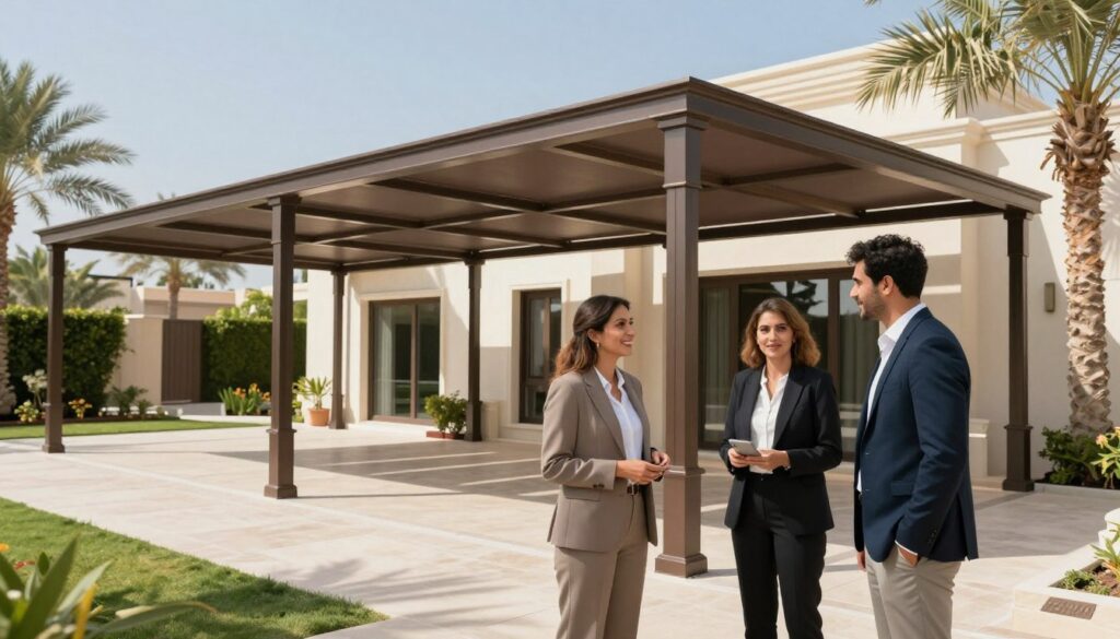 A professional installation scene depicting custom shade structures in a Saudi villa's garden. Foreground includes two satisfied customers, a male and female, dressed in professional business attire, discussing the benefits of the shade structures. Middle ground features elegantly designed metallic shade structures providing ample shade, showcasing their durability and modern aesthetics. Background reveals a tasteful landscape typical of a Saudi villa, with palm trees and a clear blue sky to enhance the atmosphere. Soft sunlight filters through the structures, casting interesting shadows on the ground, evoking a sense of comfort and security. The overall mood is positive and reassuring, emphasizing customer satisfaction and the practicality of the shade structures.