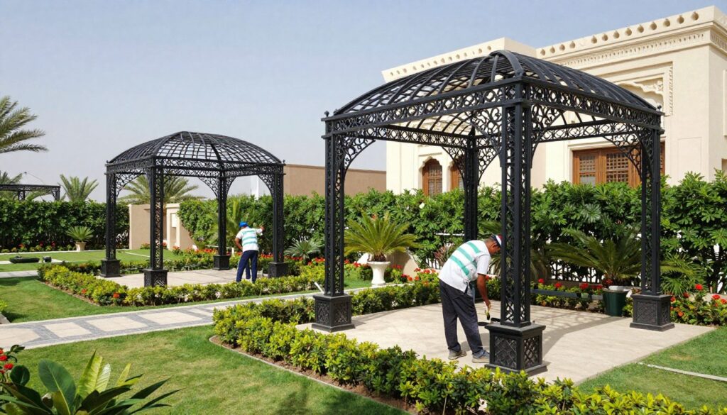A professional installation scene depicting wrought iron shade structures in a beautifully landscaped garden setting typical of Saudi villas. In the foreground, skilled workers in professional attire carefully assemble intricate wrought iron frames, showcasing their craftsmanship. The middle ground features partially completed shade structures that elegantly arch over lush greenery, vibrant flowers, and decorative stone pathways. The background includes a stunning villa with traditional architecture and a clear blue sky enhancing the serene atmosphere. The image is well-lit using natural sunlight, with soft shadows adding depth. The overall mood conveys a sense of sophistication and quality, emphasizing the strength and aesthetic appeal of wrought iron shade designs in enhancing outdoor spaces. A professional installation scene depicting wrought iron shade structures in a beautifully landscaped garden setting typical of Saudi villas. In the foreground, skilled workers in professional attire carefully assemble intricate wrought iron frames, showcasing their craftsmanship. The middle ground features partially completed shade structures that elegantly arch over lush greenery, vibrant flowers, and decorative stone pathways. The background includes a stunning villa with traditional architecture and a clear blue sky enhancing the serene atmosphere. The image is well-lit using natural sunlight, with soft shadows adding depth. The overall mood conveys a sense of sophistication and quality, emphasizing the strength and aesthetic appeal of wrought iron shade designs in enhancing outdoor spaces.