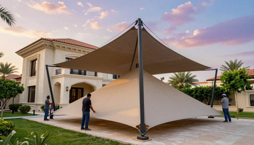 A professional installation scene featuring a company specializing in pyramid shade structures for luxury villas in the scenic neighborhoods of Al Seef and Al Granada, Dammam. In the foreground, skilled workers in modest casual clothing are meticulously setting up a striking pyramid shade structure, showcasing its geometric design and high-quality materials. The middle ground highlights a stylish villa with architectural elegance, surrounded by lush greenery. In the background, a vibrant sky with soft sunlight casts a warm glow, creating an inviting atmosphere. The overall mood conveys professionalism, innovation, and a unique architectural touch, emphasizing the benefits of custom shade solutions. The angle captures both the structure's intricate details and its harmonious integration into the villa's environment, without any text or overlays. A professional installation scene featuring a company specializing in pyramid shade structures for luxury villas in the scenic neighborhoods of Al Seef and Al Granada, Dammam. In the foreground, skilled workers in modest casual clothing are meticulously setting up a striking pyramid shade structure, showcasing its geometric design and high-quality materials. The middle ground highlights a stylish villa with architectural elegance, surrounded by lush greenery. In the background, a vibrant sky with soft sunlight casts a warm glow, creating an inviting atmosphere. The overall mood conveys professionalism, innovation, and a unique architectural touch, emphasizing the benefits of custom shade solutions. The angle captures both the structure's intricate details and its harmonious integration into the villa's environment, without any text or overlays.