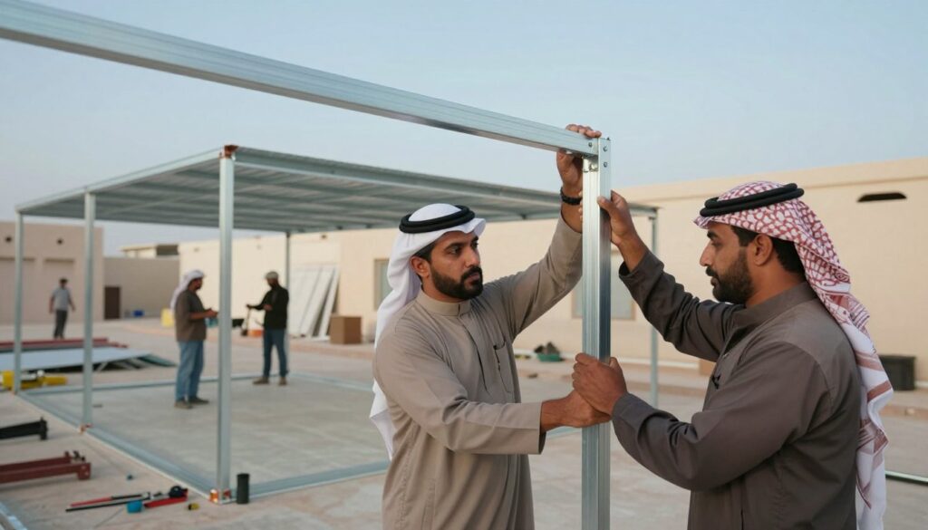 A professional installation scene featuring a team of skilled workers assembling metal hangars in Al-Qatif, Saudi Arabia. In the foreground, two workers, dressed in modest and professional clothing, are carefully connecting metal beams, showcasing the detailed craftsmanship involved in the process. In the middle ground, partially assembled hangars are visible, with tools and materials scattered around, illustrating an active work environment. The background features a clear blue sky and traditional Saudi architecture, grounding the scene in its locale. Soft, natural lighting enhances the focus on the workers' expressions of concentration and teamwork. The atmosphere is industrious yet collaborative, highlighting the efficient steps of hangar installation.