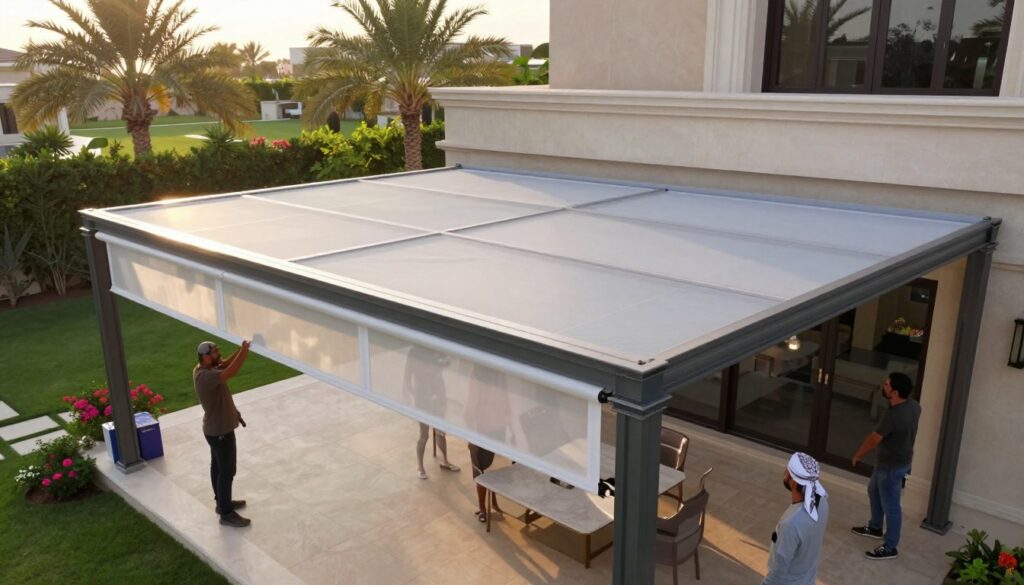 A professional installation scene featuring custom Lexan shade structures at a modern Saudi villa. In the foreground, show skilled workers in modest casual clothing meticulously installing a translucent, high-privacy shade over an elegant outdoor patio area. The middle layer showcases the shade's intricate design and clear, light-filtering properties, allowing soft sunlight to filter through. In the background, a beautifully landscaped garden adds a vibrant touch, with palm trees and flowering plants enhancing the serene atmosphere. The lighting is warm and inviting, suggesting a late afternoon sun. Use a slightly elevated angle to capture both the installation process and the luxurious outdoor space, conveying a sense of professionalism and attention to detail in shade installation services across the Eastern Province.
