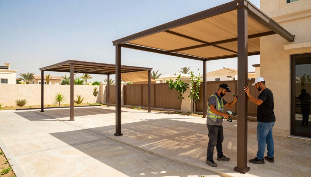 A professional installation scene featuring various types of shade structures in a residential area in حي الخليج, الدمام. In the foreground, show skilled workers in professional attire carefully installing custom shade solutions over a modern Saudi villa's patio, using tools like drills and measuring tapes. In the middle ground, depict a range of stylish shade designs, including pergolas and retractable awnings, casting soft, dappled shadows on the ground below. The background should feature a suburban landscape with palm trees and contemporary houses under bright, clear blue skies, emphasizing a welcoming atmosphere. The lighting is warm and inviting, capturing the essence of a sunny day, creating a sense of quality and professionalism in the installation.