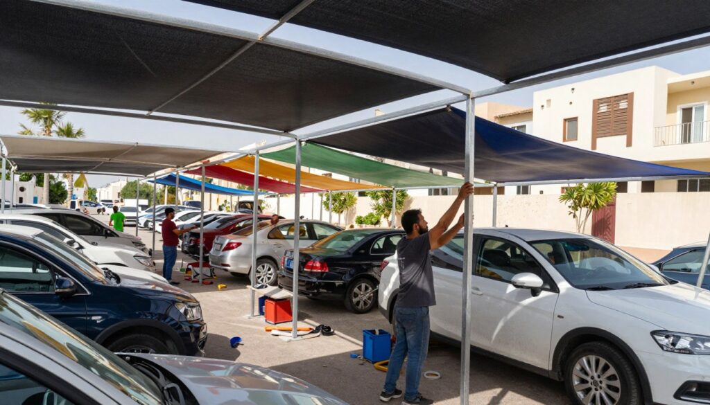 A professional installation scene of car shade structures in a modern urban setting, showcasing several workers in modest casual clothing setting up large, colorful fabric canopies over parked cars in a residential area. In the foreground, focus on a detailed close-up of the workers adjusting the metal framework and fabric. The middle ground features rows of neatly parked cars under half-constructed shade structures, with equipment and tools scattered about. In the background, depict a sunny Middle Eastern sky, with palm trees and contemporary villas dotting the landscape, emphasizing an atmosphere of community and practicality. The lighting is bright and natural, casting soft shadows for depth, capturing the essence of an efficient and economic solution for car shading.