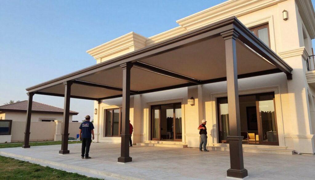 A professional installation scene of custom shade structures at a Saudi villa, showcasing various modern designs and materials. In the foreground, skilled workers in professional attire are meticulously installing stylish, high-quality shade canopies, demonstrating their expertise. The middle ground features the beautifully designed villa with light-colored walls and elegant landscaping, enhancing the luxurious atmosphere. In the background, a clear blue sky stretches above, illuminated by soft sunlight to create a warm, inviting mood. The angle captures a dynamic view of the installation process while highlighting the craftsmanship involved. The overall ambiance conveys professionalism and attention to detail in shade structure installation in the Eastern Province.