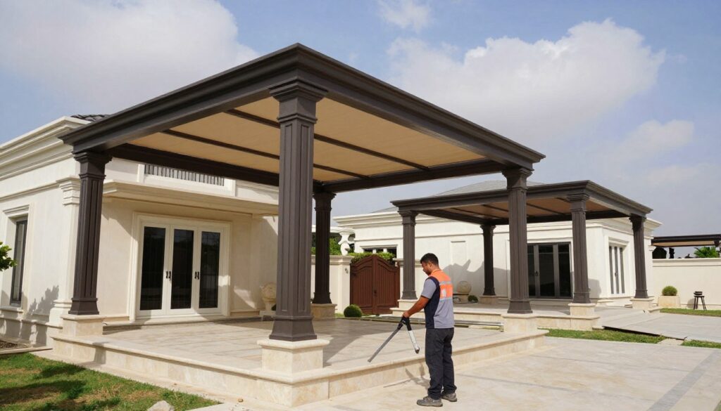 A professional installation scene of custom shade structures at stylish Saudi villas, emphasizing quality craftsmanship. In the foreground, showcase a skilled worker in professional attire meticulously assembling a modern shade structure. The middle ground features several elegant shade structures that blend seamlessly with the luxurious architecture of the villas, highlighting intricate details and durable materials. In the background, a sunny sky with soft, fluffy clouds creates a bright, inviting atmosphere. Use natural lighting to emphasize the textures and colors of the shade structures and the villa exteriors. Capture the scene from a slightly elevated angle, showcasing both the installation process and the stunning surroundings. The overall mood is one of professionalism, innovation, and commitment to quality.
