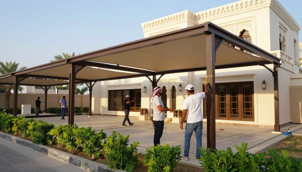A professional installation scene of custom shade structures for Saudi villas, emphasizing the theme "al-amal dhaman mawa'idukum" (work within your schedules). In the foreground, skilled workers in smart casual clothing are carefully measuring and assembling modern shade structures, showcasing intricate designs. In the middle, the partially completed installations are visible, with lush greenery typical of the Dammam region surrounding them. The background features an elegant Saudi villa, showcasing traditional architecture, under a clear blue sky. Soft, warm sunlight illuminates the scene, creating an inviting atmosphere. The perspective is slightly angled to capture both the artisans at work and the elegant villa design in harmony, emphasizing a blend of professionalism and creativity in installation.