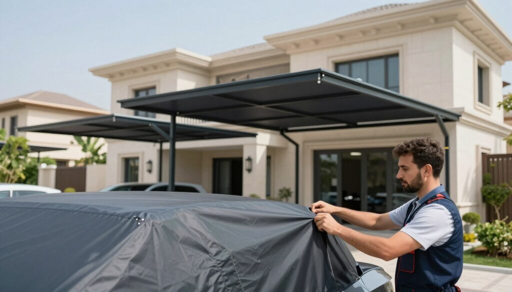 A professional installation scene of custom shade structures for vehicles, showcasing a modern residential villa in Dammam’s Al Khaleej neighborhood. In the foreground, a skilled technician in business attire is carefully adjusting a sleek, stylish car shade, highlighting the quality craftsmanship. In the middle ground, various types of shade structures are depicted, including elegant, contemporary designs made of high-quality materials, set against the villa’s beautiful architecture. The background features lush greenery and a clear blue sky to create an inviting atmosphere. Soft, natural lighting enhances the scene, with a slight focus on the technician’s meticulous work. The overall mood conveys professionalism, reliability, and high-quality service, embodying the essence of the shade installation services.