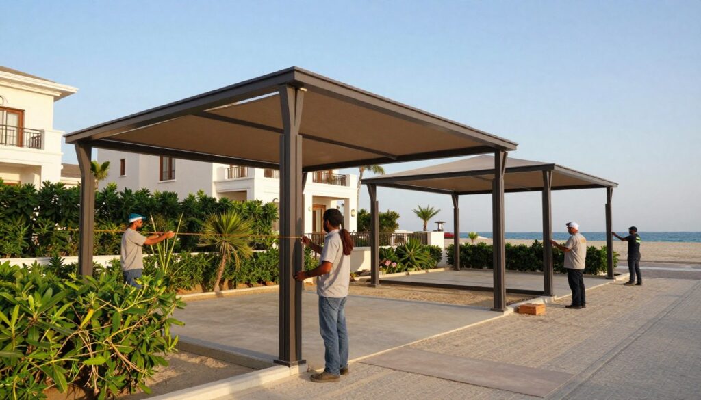 A professional installation scene of custom shade structures in a picturesque beachfront neighborhood in Eastern Saudi Arabia. In the foreground, skilled installers in modest, professional attire are carefully measuring and positioning modern, stylish shade canopies made of durable materials. The middle ground showcases several completed shade structures providing ample protection and elegance to beautiful villas, with lush greenery and sandy pathways nearby. In the background, the clear blue sky meets the shimmering waters of the Gulf, enhancing the serene atmosphere. The lighting is warm and inviting, suggesting a late afternoon. The scene conveys a sense of precision and dedication, focusing on delivering the best solutions for homeowners while highlighting the quality and aesthetics of the shade structures.