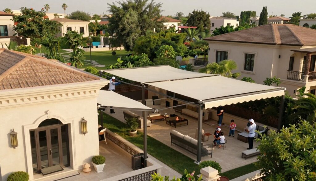 A professional installation scene of custom shade structures in a serene residential area, showcasing various types of canopies, awnings, and shaded seating areas. In the foreground, depict a well-designed villa with elegant architecture, having a modern terrace adorned with sleek shade solutions that blend harmoniously with the environment. The middle ground features skilled workers in professional attire, installing a large fabric canopy over a cozy outdoor space where a family is enjoying their time. The background consists of lush greenery and other nearby villas, illustrating a tranquil neighborhood atmosphere. The lighting is warm and inviting, capturing the essence of a sunny day in Saudi Arabia. The angle should be slightly elevated to provide a comprehensive view of the shade applications, emphasizing their functionality and aesthetic appeal.