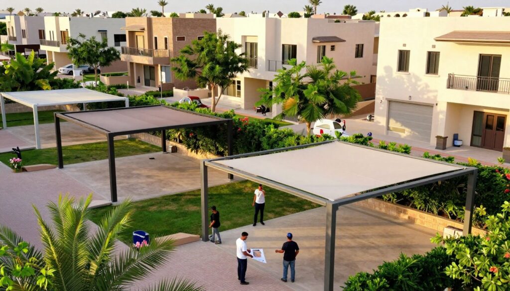 A professional installation scene of custom shade structures in the lively neighborhood of Al Khaleej, Dammam. In the foreground, a team of installers, dressed in smart work attire, is carefully putting together a stylish outdoor shade. The middle ground shows various types of shade structures, showcasing sleek designs in different materials, such as fabric and aluminum. The background features modern Saudi villas and houses with lush greenery, providing a vibrant residential atmosphere. The image is lit with warm, natural sunlight, creating a welcoming and inviting mood. Capture this scene from a slightly elevated angle, emphasizing both the craftsmanship in the installation and the tranquil neighborhood setting.
