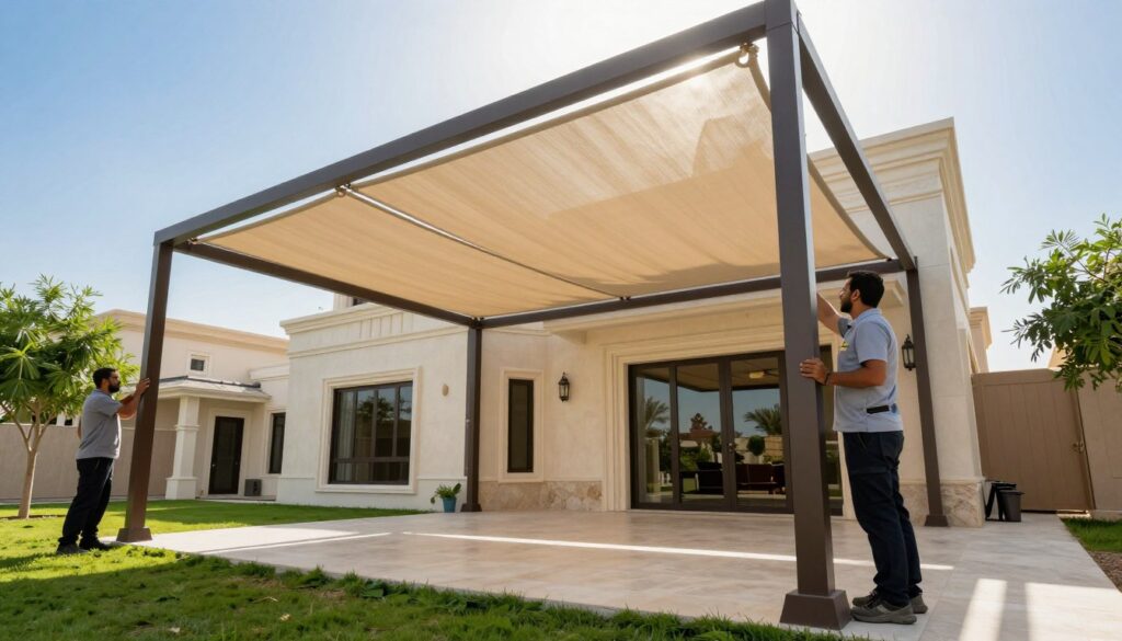 A professional installation scene of custom shade structures, specifically showcasing a stylish shade installed in a beautiful villa in the Al Khaleej neighborhood of Dammam. In the foreground, depict skilled technicians in professional attire carefully adjusting the shade structure, highlighting their expertise. The middle ground features the elegant villa with lush landscaping, showcasing how the shade complements the architecture. In the background, the clear blue sky adds a refreshing vibe, while soft sunlight filters through the shade, creating a pleasant ambiance. The mood should convey satisfaction and professionalism, illustrating the high-quality service and competitive pricing that local clients enjoy in the area. Use a wide-angle lens to capture the entire scene, ensuring a bright, inviting atmosphere.