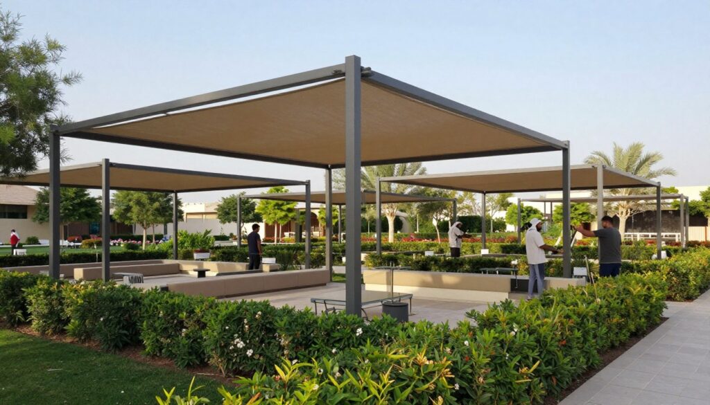 A professional installation scene of custom shade structures (سواتر) in a public garden setting in Dammam. In the foreground, showcase a well-designed and installed shade structure made from durable materials, providing ample coverage over a seating area with lush greenery. In the middle ground, depict workers in modest, professional attire carefully setting up additional structures, emphasizing teamwork and craftsmanship. The background features a serene garden ambiance with trees and flowers under a clear blue sky. Use soft, natural lighting to create an inviting atmosphere, with a focus on the meticulous details of the installation. Capture the scene from a slightly elevated angle to provide a comprehensive view of the project in progress.