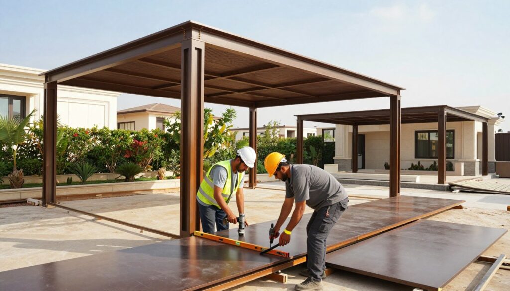 A professional installation scene of metal shade structures being constructed in an upscale residential area, showcasing skilled workers in safety gear and modest clothing. In the foreground, focus on two workers precisely aligning metal panels, using tools like a drill and a level. The middle ground highlights completed sections of sturdy and stylish shade structures, emphasizing their texture and metallic sheen. The background features a modern Saudi villa with lush landscaping under a bright blue sky, suggesting a sunny day. Include dynamic lighting that casts soft shadows, creating a warm, inviting atmosphere. Capture the essence of quality craftsmanship and attention to detail in the installation process.