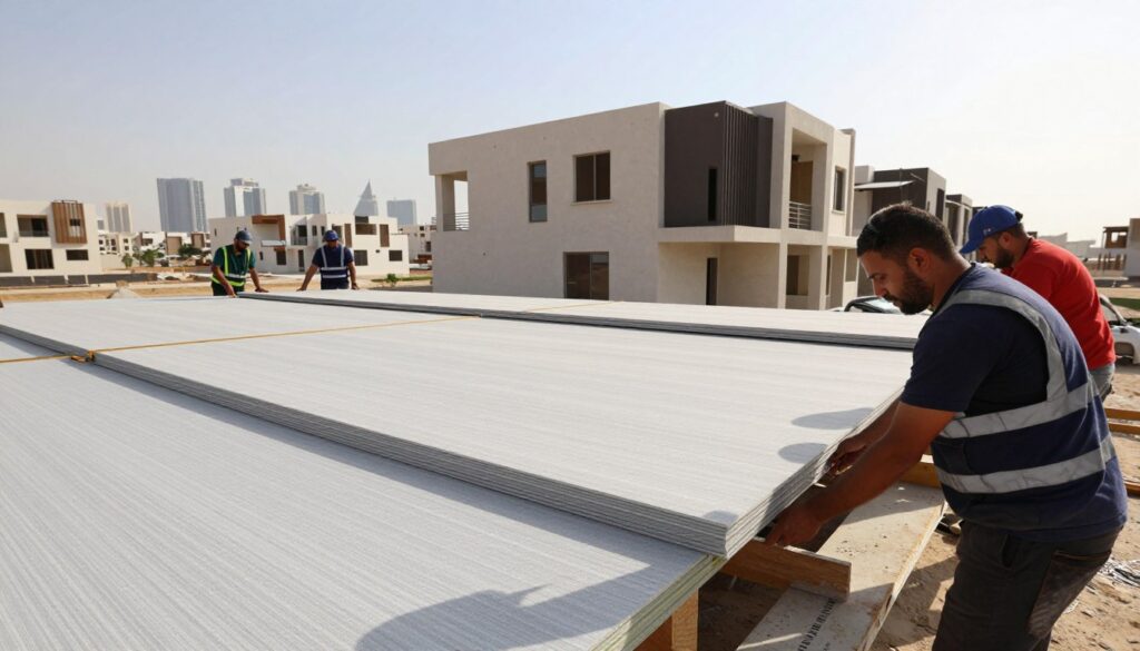 A professional installation scene of "sandwich panels" being applied to a residential building in a Dammam neighborhood. In the foreground, skilled workers in professional attire carefully align and secure the panels, using specialized tools. The middle ground features the partially completed structure, showcasing the fire-resistant properties of the panels with detailed textures and layers. The background reveals a sunny Dammam skyline, with modern villas to emphasize local architecture. The scene is well-lit, with natural sunlight casting soft shadows, capturing a mood of precision and safety. The lens is set to a slightly wide angle to incorporate both the workers and the building, seamlessly blending construction accuracy with the aesthetic of contemporary design.