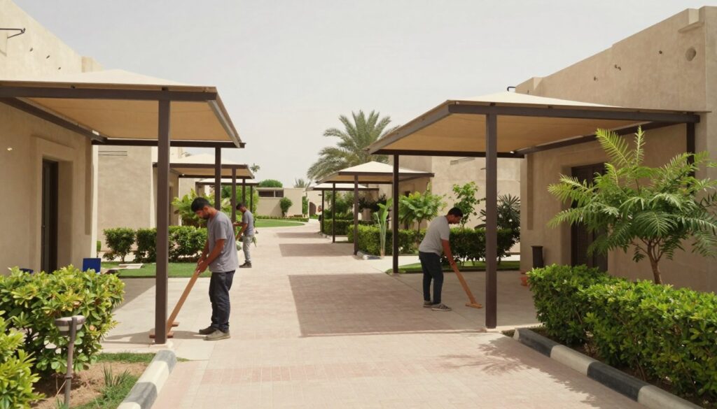 A professional installation scene of shade structures in a residential pathway, surrounded by Saudi-style villas and houses. In the foreground, skilled workers in modest casual clothing are carefully assembling custom shade canopies over the pathway, showcasing their craftsmanship. The middle ground features completed shade structures that create a seamless and inviting transition between the residential units, providing a safe, sheltered environment. Lush greenery and neatly manicured gardens enhance the backdrop, emphasizing a community-oriented atmosphere. Soft, natural lighting bathes the scene, suggesting a sunny day, while a slight camera tilt captures the height of the shade canopies, adding depth. The overall mood is one of tranquility and safety, highlighting the importance of shaded walkways in residential complexes.