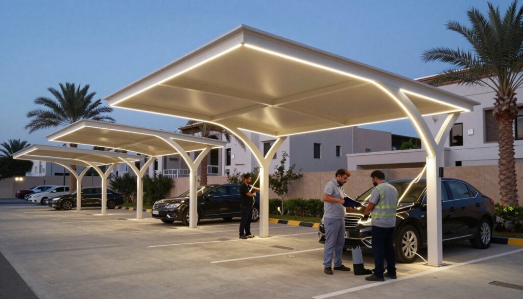 A professional installation scene showcasing LED lighting systems being integrated into modern car parking shade structures. In the foreground, skilled technicians, dressed in professional attire, are carefully installing flexible LED strips along the edges of a large, elegant shade canopy. In the middle ground, the intricate design of the car shade structures, featuring a blend of contemporary architecture and efficient sun-blocking materials, is highlighted. The background features a serene neighborhood setting typical of Saudi villas, with palm trees and a clear blue sky. Soft, ambient lighting from the LED systems bathes the area, creating an inviting atmosphere. The image captures the harmony between functionality and aesthetics, emphasizing innovation in shade solutions for community parking areas. Wide-angle perspective enhances the sense of scale and sophistication.