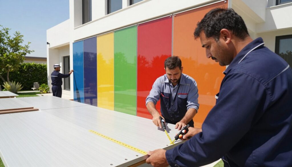 A professional installation scene showcasing a team of skilled workers in business attire carefully installing fire-resistant sandwich panels on the exterior of modern Saudi villas. In the foreground, focus on two technicians measuring and cutting the panels with precision tools. The middle ground features the newly installed panels glistening under bright sunlight, highlighting their sleek design and vibrant colors. In the background, lush greenery from well-maintained gardens contrasts the structure, and a clear blue sky adds to the serene atmosphere. The lighting is natural and bright, creating a day-sunny ambiance, while the composition captures a sense of professionalism and dedication to safety standards. The image is free from any text or branding.