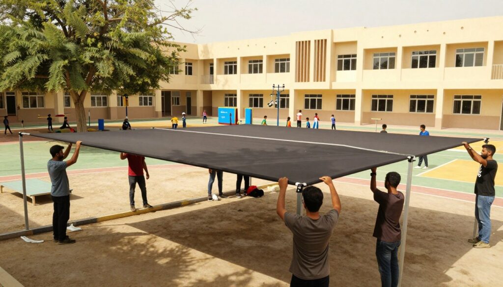 A professional installation scene showcasing a team of skilled workers setting up custom car shades and outdoor canopies at a school in Al Qatif, Saudi Arabia. In the foreground, focus on two workers in modest casual clothing carefully adjusting a large shade structure. The middle ground displays a vibrant schoolyard with children playing, surrounded by trees and bright sunshine. In the background, emphasize the inviting architecture of the school, highlighting modern design elements. The atmosphere is lively and productive, capturing teamwork and dedication in creating a safe and comfortable environment for students. Use natural lighting with warm tones, and shoot from a slightly elevated angle to encompass the entire scene, emphasizing the functionality and aesthetic appeal of the shades.