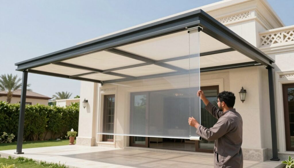 A professional installation scene showcasing custom Lexan shade structures for a modern Saudi villa. In the foreground, a skilled technician is carefully securing a sleek, translucent shade panel, demonstrating the ease of installation. The technician wears modest, professional clothing, focused on the task. The middle ground features the elegant villa with traditional Saudi architectural elements, highlighted by natural light filtering through the shade, creating a soft, diffused glow. In the background, the lush garden contrasts with the clear blue sky, emphasizing privacy and serenity. Overall, the atmosphere is calm and professional, illustrating the perfect blend of functionality and aesthetic appeal in a residential setting.
