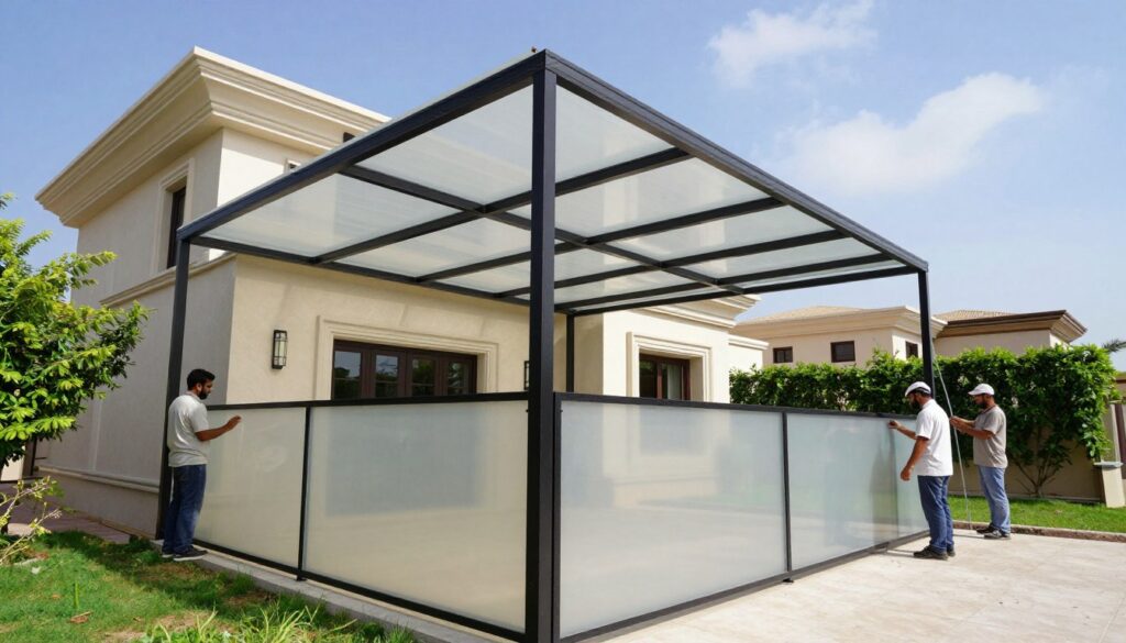 A professional installation scene showcasing custom Lexan shade structures for residential villas in Dammam, Saudi Arabia. In the foreground, skilled workers wearing modest casual clothing are expertly installing elegant, translucent Lexan panels that provide high light permeability and excellent privacy. The middle ground features a beautifully designed villa surrounded by lush greenery, emphasizing the integration of the shade structures within the architectural landscape. The background includes a clear blue sky and some wispy clouds, creating a serene atmosphere. Bright, natural lighting highlights the textures of the Lexan panels and the environment, while a slightly low angle captures the workers’ focused expressions and craftsmanship. The image conveys a sense of professionalism and tranquility in residential outdoor spaces.