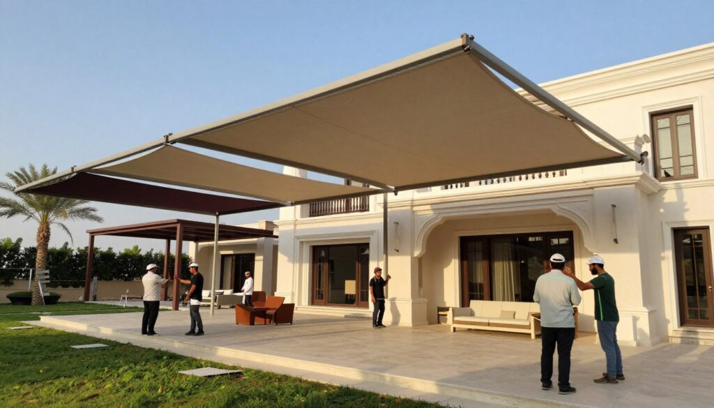 A professional installation scene showcasing custom shade structures at a luxurious Saudi villa in Dammam. In the foreground, highlight a team of skilled workers in professional attire, diligently installing elegant fabric canopies that provide shade. The middle layer features the stylish, modern shade structures in various colors and designs, tailored for residential use, reflecting a blend of tradition and contemporary aesthetics. The background reveals a beautifully landscaped garden with palm trees and a clear blue sky, enhancing the tranquil atmosphere. Soft, warm sunlight creates a welcoming ambiance, emphasizing quality craftsmanship in the installation, while capturing the essence of modern living in Saudi Arabia. The image should be high-resolution, shot from an angle that highlights both the shade structures and the villa's architecture.