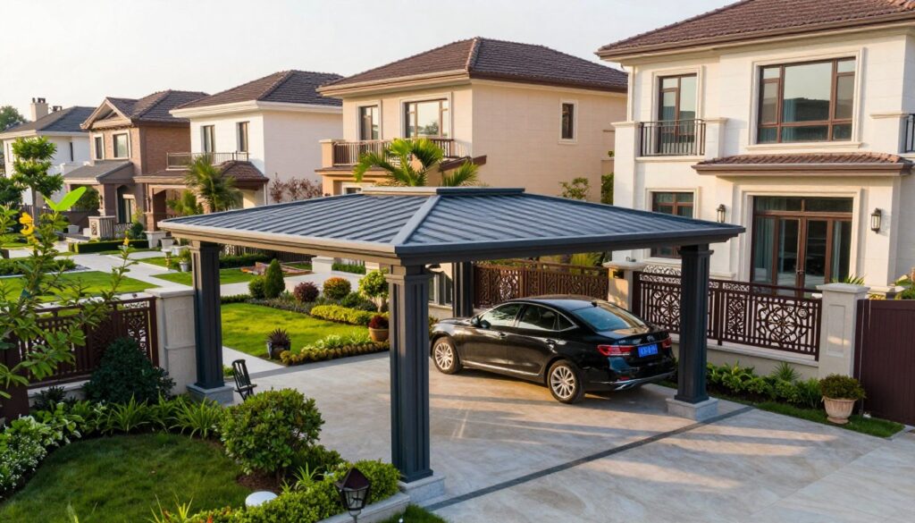 A professional installation scene showcasing custom shade structures for modern villas and houses, set in a serene suburban neighborhood. In the foreground, display a beautifully designed shade structure over a car parked in a driveway, highlighting its elegant form and practical design. In the middle ground, include a well-maintained garden with lush greenery and ornate fences, enhancing the atmosphere of luxury and comfort. The background features elegant homes displaying various shade designs seamlessly integrated into their architecture. Use warm, natural lighting to create an inviting mood, emphasizing the harmony between the structures and their environment. Capture the scene from a slightly elevated angle for a comprehensive view of the installation and its surroundings.