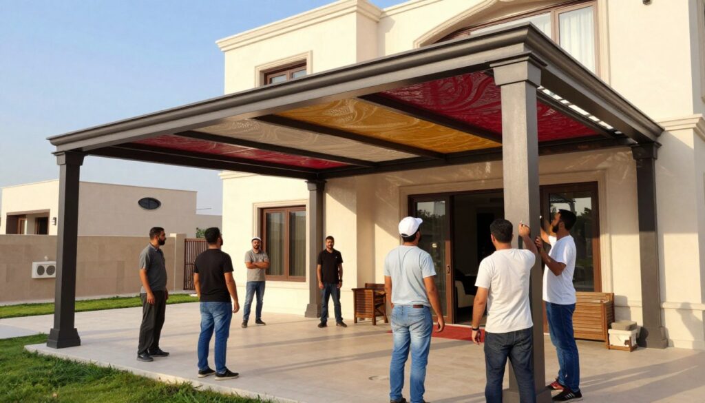 A professional installation scene showcasing custom shade structures in a Saudi villa, emphasizing a sense of efficient service. The foreground features a diverse team of skilled workers in professional attire, collaborating to install a sleek, modern shade structure over a stylish outdoor patio. The middle ground highlights the intricate details of the shade design, incorporating elements like vibrant colors and textures that complement the villa's architecture. In the background, a sunny, clear sky suggests warmth and a welcoming atmosphere. The lighting is bright and natural, casting gentle shadows that enhance the depth of the scene. Capture a feeling of professionalism and urgency, conveying a quick and reliable service experience.