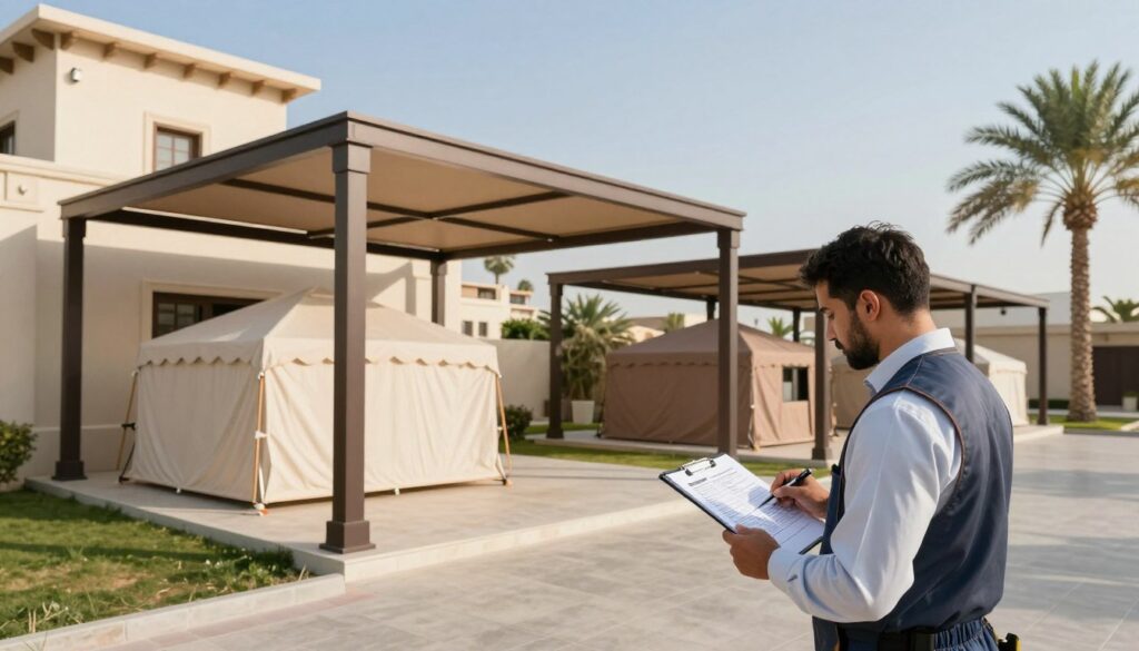 A professional installation scene showcasing custom shade structures in a Saudi villa setting. In the foreground, depict a skilled male installer wearing professional business attire, analyzing the installation costs with a clipboard. In the middle ground, illustrate various types of shade structures, such as modern canopies and traditional tents, harmoniously set against the villa. The background features a sunny day with a clear blue sky and palm trees, emphasizing the serene atmosphere of the neighborhood in Al-Nada and Al-Nahda. Utilize soft, natural lighting to enhance the quality and detail of the shade structures. Capture the entire scene from a slightly elevated angle for a comprehensive view of the installation and the tranquil urban surroundings.