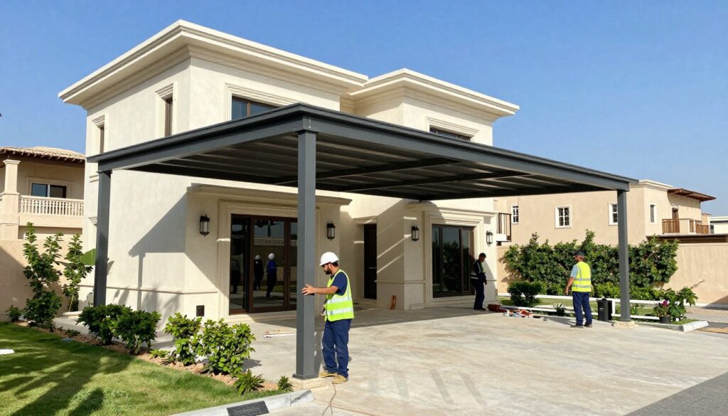 A professional installation scene showcasing custom shade structures in a modern Saudi villa located in West Dammam. In the foreground, skilled workers in professional attire meticulously install sleek, modern metal shade canopies that provide both style and functionality. The middle layer features the beautifully designed villa, surrounded by lush landscaping, with the sun casting gentle shadows on the ground. In the background, typical Saudi architectural elements can be seen, harmonizing with the serene suburban atmosphere. The image is bright and well-lit, capturing the essence of a sunny day, with a clear blue sky providing a vivid backdrop. The overall mood is one of craftsmanship, professionalism, and a dedication to quality in contemporary architecture. No text or branding is included.
