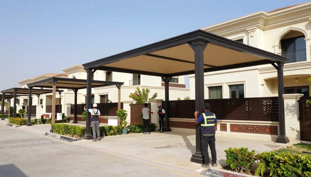 A professional installation scene showcasing custom shade structures in a vibrant residential area of Al-Nazha and Al-Muraykabat in Dammam, Saudi Arabia. In the foreground, skilled workers in professional attire are meticulously assembling and adjusting the shade structures, demonstrating their craftsmanship. The middle ground features various modern designs of shade structures, blending harmoniously with luxurious villas and greenery around them. The background includes clear blue skies contrasting with the elegant architecture of the homes. Soft, natural lighting bathes the scene, emphasizing the clean lines and textures of the shade materials. The overall atmosphere is one of professionalism and artistry, highlighting the innovative approach to shade installation in these upscale neighborhoods.