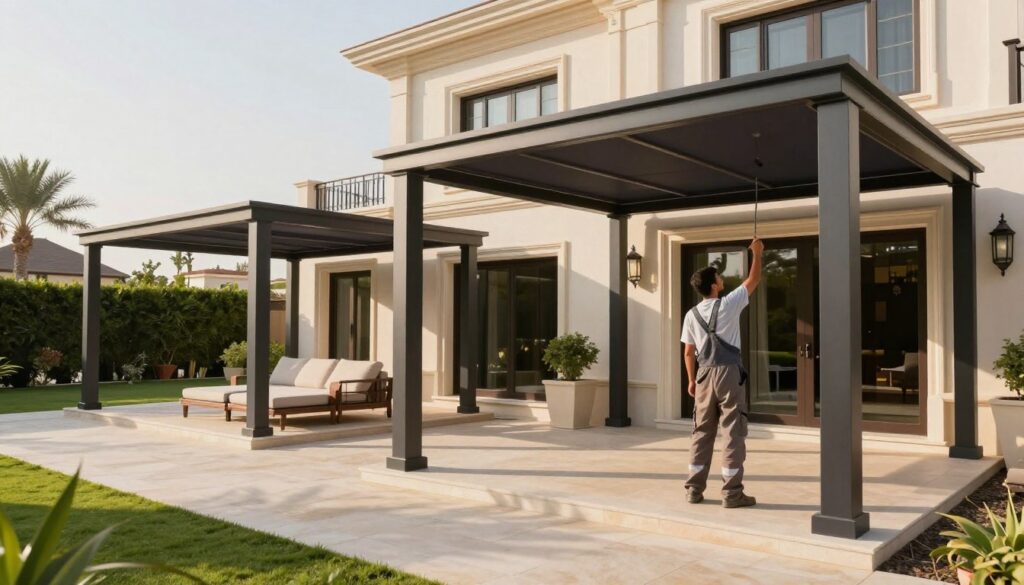 A professional installation scene showcasing custom shade structures in an upscale Saudi villa, with an array of sleek, modern designs that harmonize with the architecture. In the foreground, a skilled technician in modest work attire is installing a stylish canopy, demonstrating craftsmanship and attention to detail. In the middle ground, various shade designs are prominently displayed, including elegant pergolas and retractable awnings, all casting intricate shadows on the patio. The background features a well-manicured garden, highlighting the villa's luxurious exterior and warm climate. The scene is illuminated by soft, natural sunlight, creating a welcoming atmosphere and emphasizing the quality of the installations. The overall mood is professional and sophisticated, capturing the essence of premium service and design innovation.