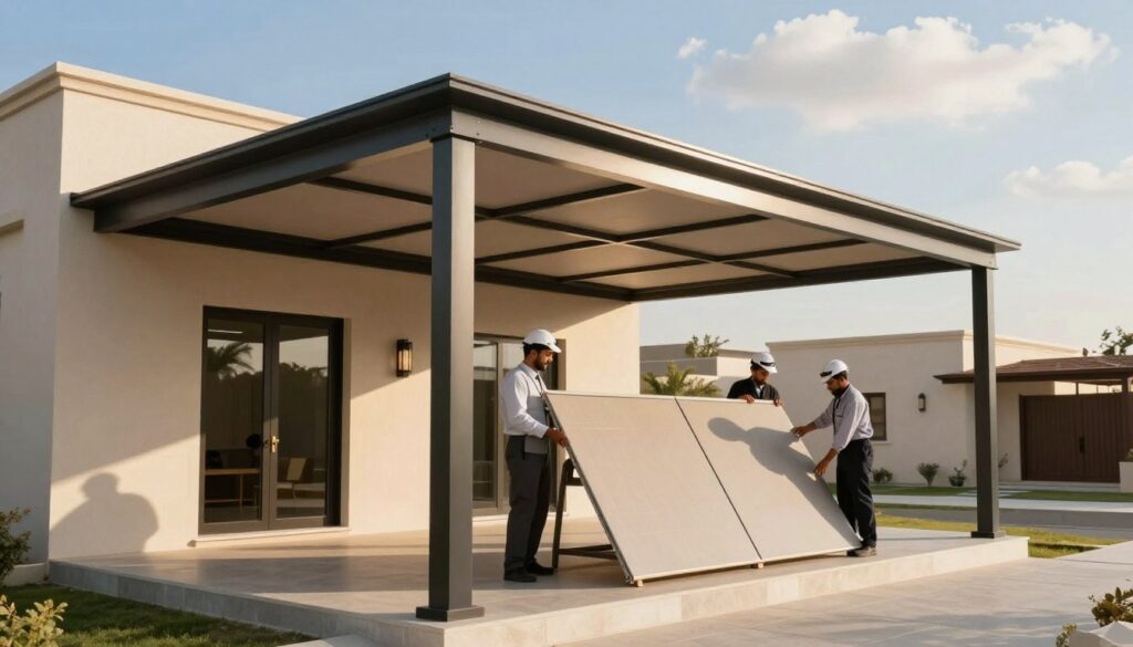 A professional installation scene showcasing custom shade structures made of sandwich panels for Saudi villas and houses. In the foreground, display a well-structured shade solution, elegantly designed with clean lines and a modern aesthetic. The middle layer features skilled technicians in professional business attire, carefully installing the sandwich panels, emphasizing craftsmanship and attention to detail. In the background, a picturesque Saudi villa under a bright, blue sky with a few clouds, highlighting the contrast between the natural and constructed elements. The lighting is warm and inviting, casting soft shadows that enhance the textures of the materials. The overall mood is one of elegance and professionalism, reflecting the quality and sophistication of the shade solutions offered by the company.