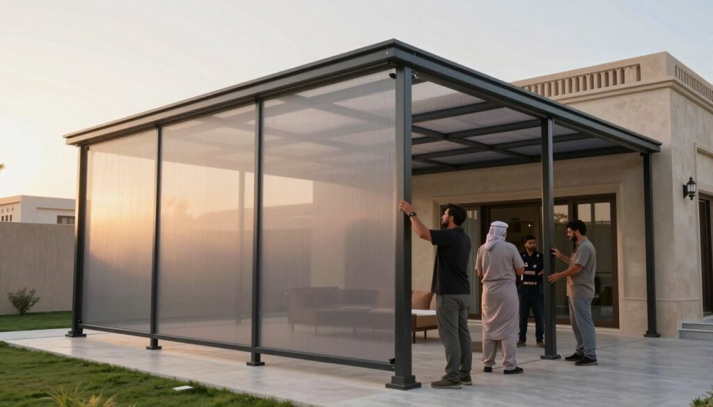 A professional installation scene showcasing high-quality Lexan shade structures in a Saudi villa’s outdoor area. The foreground features skilled technicians wearing modest casual clothing, diligently adjusting the framework of a beautifully crafted, semi-transparent shade, allowing gentle light to filter through. In the middle ground, the striking Lexan panels shimmer softly under a warm afternoon sun, highlighting their unique light-permeable design while maintaining privacy. In the background, the elegant architecture of a traditional Saudi villa complements the modern installation. The atmosphere is serene and professional, conveying a sense of tranquility and expertise, with soft, diffused lighting enhancing the overall ambiance.