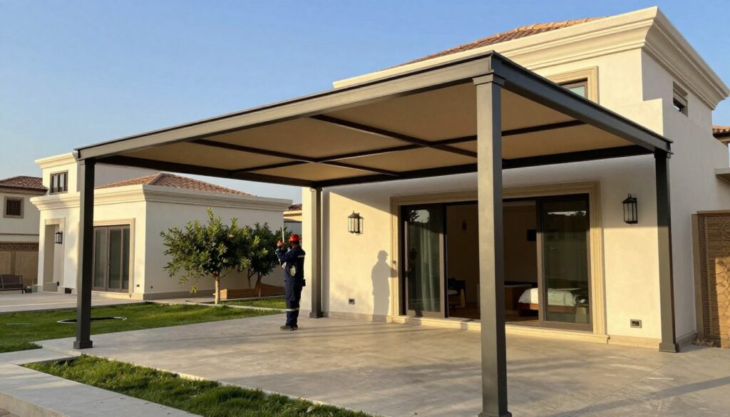 A professional installation scene showcasing high-quality shade structures in a contemporary Saudi villa located in the Cordoba neighborhood. The foreground features neatly installed custom shade canopies made of durable materials, providing protection from the sun. In the middle ground, a skilled installer, dressed in a professional uniform, is adjusting the structure, demonstrating the precise craftsmanship involved. The background includes the elegantly designed villa with modern architecture, surrounded by lush landscaping and clear blue skies, bathed in warm sunlight. The image conveys a sense of professionalism and attention to detail, emphasizing the quality and aesthetics of the installation service, with a focus on post-installation care and maintenance. The atmosphere is inviting and serene, highlighting the tranquility of the surroundings.